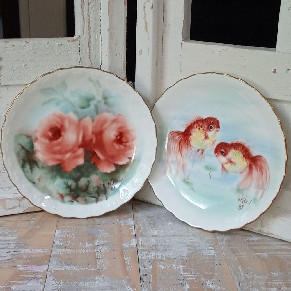 1987 Bone China Plates By Artist Nancy Gann Roses & Gold Fish Numari Singapore